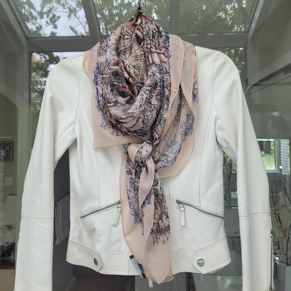 ALEXANDER MCQUEEN 100% silk chiffon scarf skulls-shells-bones-stars NUDE color